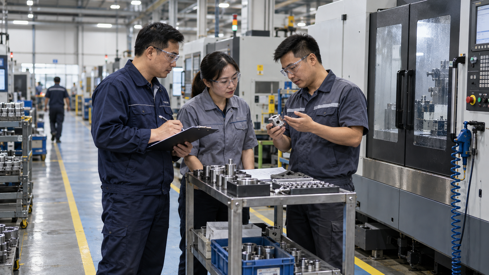 Ba đồng nghiệp trao đổi về chi tiết gia công và cải tiến tại xưởng CNC