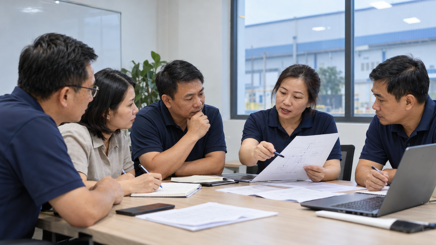 Nhóm đồng nghiệp cùng thảo luận sơ đồ cải tiến quy trình trong phòng họp